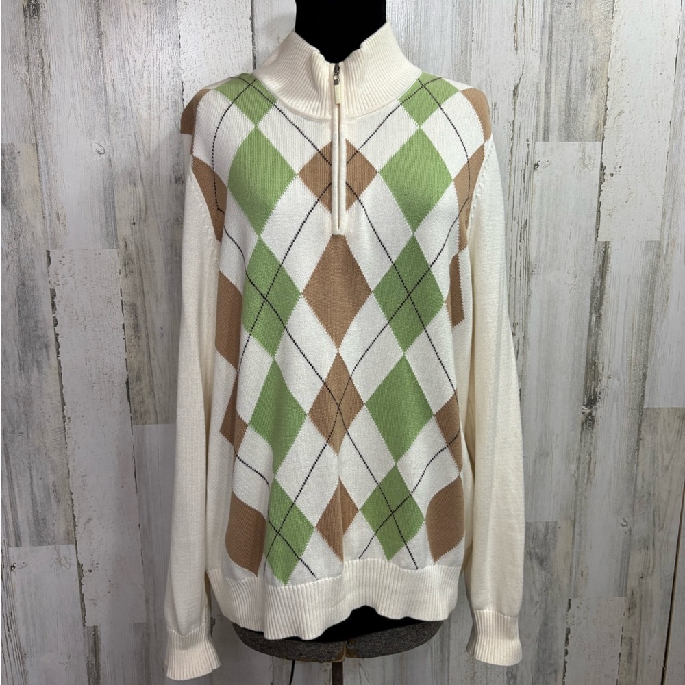 Izod Golf Green and Brown Zip Up Sweater with Argyle Pattern